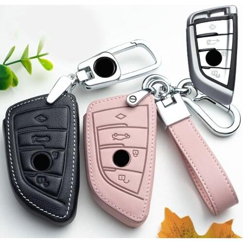 Pink Black Genuine Leather Car Key Case for BMW E90 E60 E70 E87 1 3 5 6 Series M3 M5 X1 X5 X6 Keychain Holder Protect Cover Bag