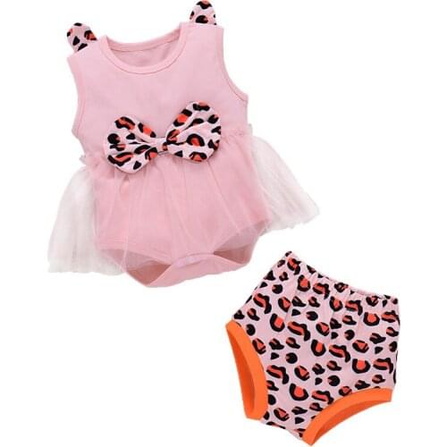 Summer Newborn Infant Baby Girls Set Pink Bowknot Romper + Leopard PP Shorts 2PCS Baby Outfits