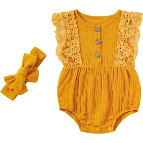 2021 Newborn Baby Girls Clothing Outfit Set Sleeveless Lace Bodysuit +Headband Set for Kids Girls Solid Color Summer Bodysuits