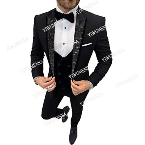 Groomsmen Wear Wedding Tuxedos Mens Suit Shinny Sequined Lapel Black Smoking Business Jacket&Vest&Pants Slim Fit Custom Made
