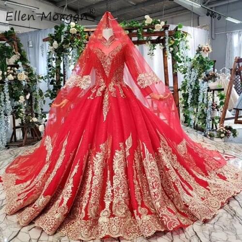 Red Vintage High Neck Muslim Wedding Dresses 2020 Lace Elegant Long Sleeves Real Photos Puffy Fringe Ball Gowns for Bridal