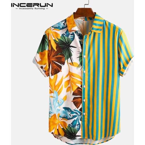 Summer Fashion Men Hawaiian Shirt Print Striped Patchwork Short Sleeve Beach Blouse 2021 Streetwear Chic Vacation Camisa INCERUN