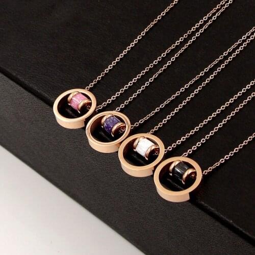 Fashion Stainless Steel Ice Stone Love Round Crystal Pendant Necklaces Rose Gold Color Women Female Lady Party Gift