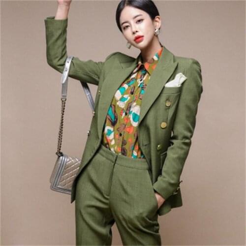 Fashion pants suit femme spring New OL professional suit collar double-breasted blazer slim trousers two-piece suit women
