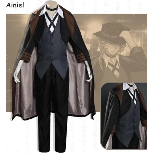 Men Women Anime Bungou Stray Dogs Costume Chuya Nakahara Cosplay Port Mafia Nakahara Chuya Uniform Coat Pants Trench Hat Wig