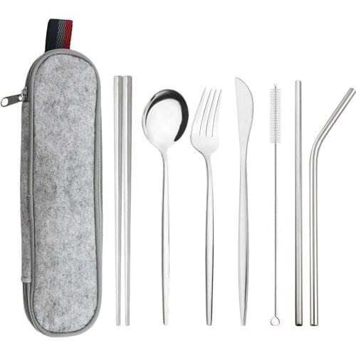 Silver 7pcs Dinnerware Set Travel Cutlery Set Reusable Silverware 215/6 Straw Spoons Forks Chopsticks Kitchen Accessory with Bag