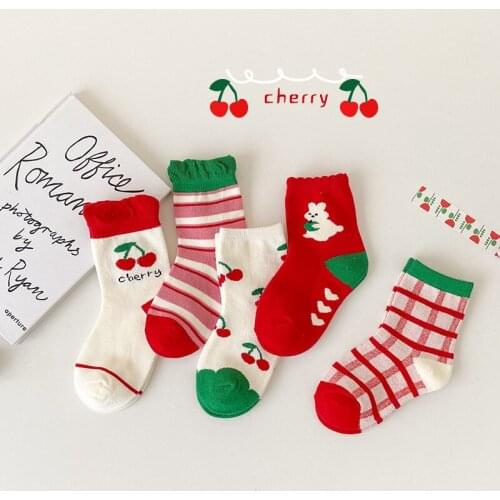 5 Pairs/lot Children Socks Cartoon Bear Striped Socks Combed Cotton Socks For Boys Girls Childrens Candy Color Socks 1-12 Years