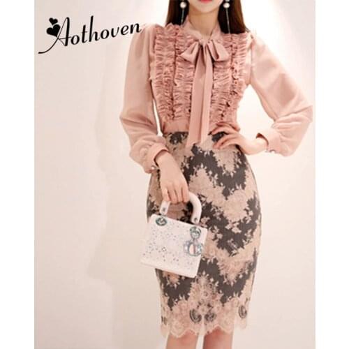 Autumn 2 Piece Set Women Suit Bow Collar Long Sleeve Elegant Top and Vintage Party Ladies Pencil Skirt Two Piece Set Vestidos