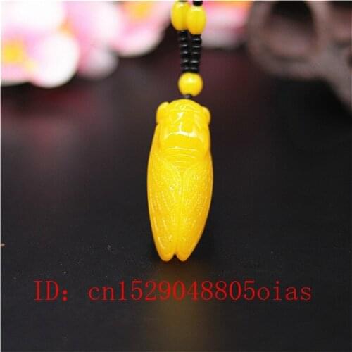 Natural Yellow Chinese Jade Cicada Pendant Beads Necklace Fashion Charm Jadeite Jewelry Carved Amulet Gifts for Women Men