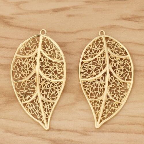 6 Pieces Gold Tone Large Filigree Leaf Charms Pendants 2 Sided for DIY Earrings Jewellery Making Accessories 56x31mm