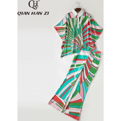 Qian Han Zi newest 2019 Designer Fashion 2 Piece Set Womens Lapel Print Bat Top blouses+Retro Print Pants Suit sets
