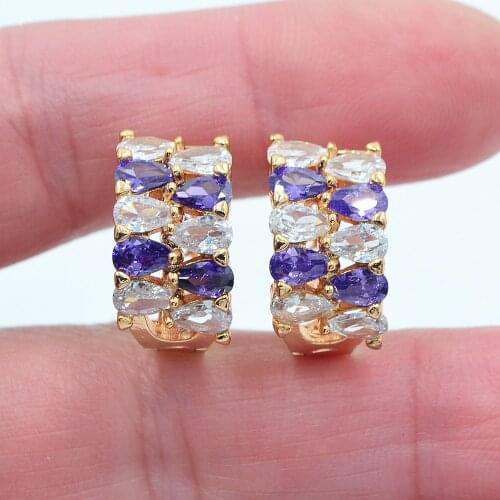 Gold Color Women Trendy White Purple Cubic Zirconia CZ Huggie Hoop Earrings Jewelry