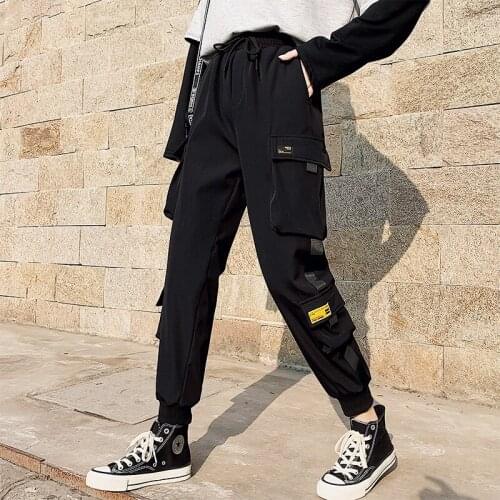 Hip Hop Streetwear Women Cargo Pants High Waist Pockets Ribbon Trousers Female Loose All Match 2020 New Fashion Joggers Pants