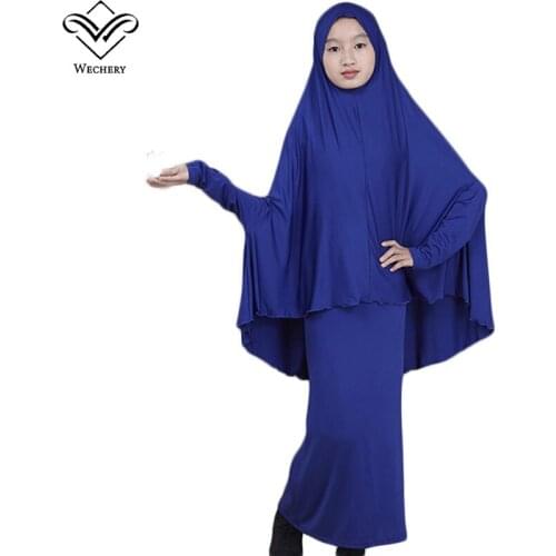 Wechery Hijabs Dress Girls Muslim Costume Pink Purple Red Blue Brown Arab Middle East One Piece Abaya with Head Scarf