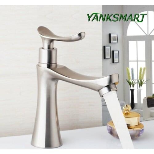 YANKSMART Bathroom Basin Sink Faucet Nickel Brushed Bathroom Taps Stream Spout Deck Mounted Single Cold Faucet Single Hole