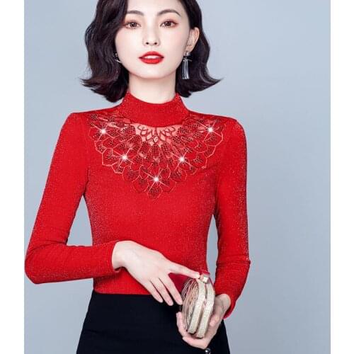 Women Lace Half Turtleneck Long Sleeve Shirt Top Womens Autumn and Winter Large Size Long-Sleeved Mesh Embroidered Blouse W961
