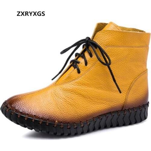 2020 New Hand-stitched Autumn and Winter Boots Flat Casual Genuine Leather Boots Large Size Comfort Warm Snow Shoes Women Boots