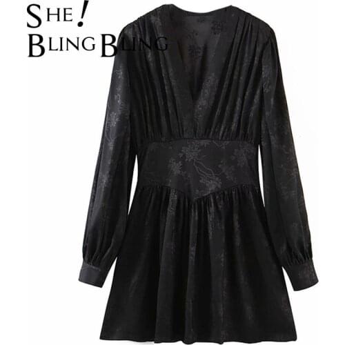 SheBlingBling Za Woman Summer Casual Mini Black Dress Jacquard Long Sleeve High Waist Ruched Deep V Party Traf Robes Dresses