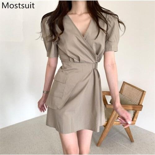 V-neck Belted Fake Two Pieces Dress Women Summer Short Sleeve Stylish Korean Mini Dresses Office Ladies Workwear Vestidos 2021