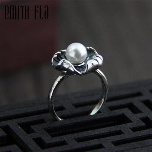 Genuine 925 Sterling Silver Female Vintage Open Rings Lotus Leaf Pearl Design Fashion Jewelry For Women Opening Adjustable Ring
