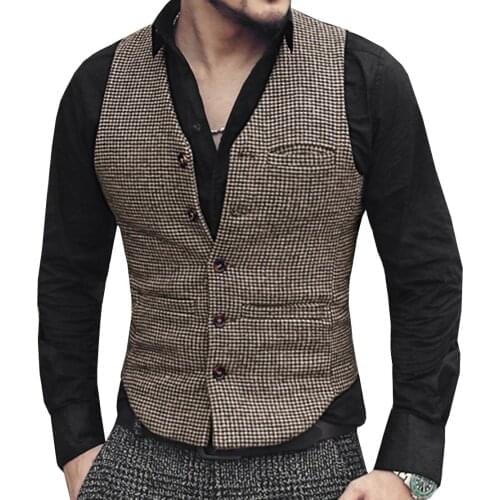 Check Waistcoat Men Brown Forma Vest V Neck Wool Single-breasted Houndstooth Casual Business Groomman for Wedding Festival