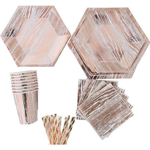 16SET Rose Gold Wedding Disposable Paper Plates Cups Napkins Straws Vintage Party Tableware for Birthday Baby Shower Supplies