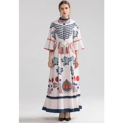 2019 Autumn womens flare sleeves elegant dress brand new high quality floral print party dress B015
