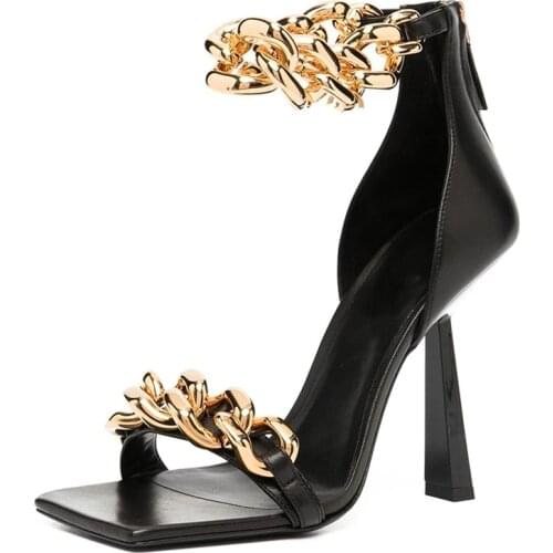 2021 Summer High Heels Sandals Women Chain Decoration Square Toe Shoes Women Fashion Party Sandals Femmes sandalias de las mujer