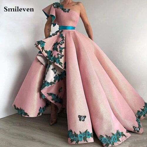 Smileven Arabic Dubai Prom Dresses A Line 3D Flowers Formal Party Gowns One Shoulder Special Occasion Dresses