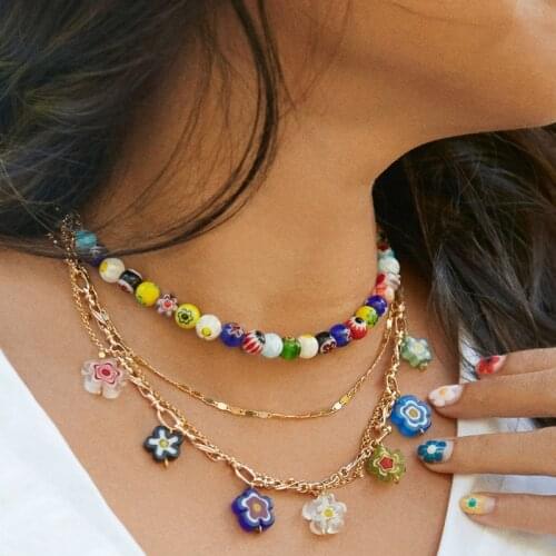 Bohemian Summer Necklace Colorful Flower Glaze Beads Pendant Choker Statement Stainless Steel Chain Gold-Plated Metal Jewelry