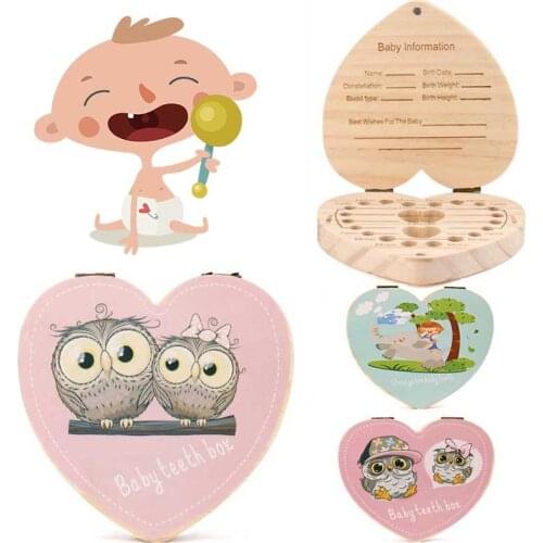 LOVE Heart Dutch/Portugal /English/ Italy/France Kids Tooth Box Owl/Elephant Color Paint Baby Save Milk Teeth Wood Storage Box