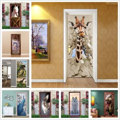 Door Wallpaper Vinyl Self-adhesive Waterproof Stickers on the Doors Wall Mural Art Animals Giraffe Removable Home Mural Decals