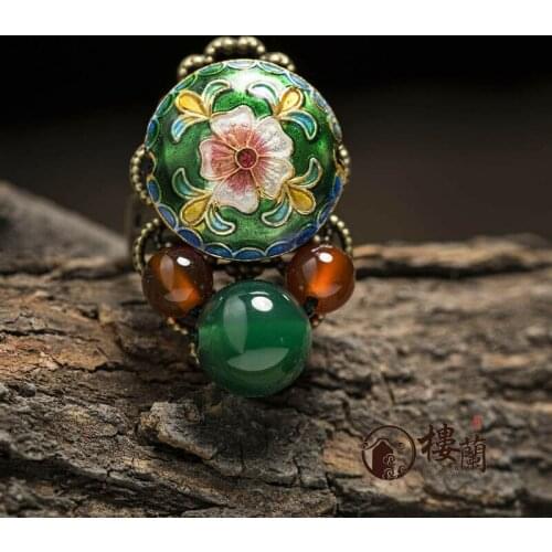 Chinese antique Cloisonne flower GREEN & RED agate copper Adjustable ring