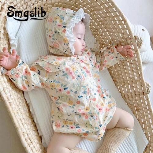 SMGSLIB Newborn Baby Romper 2021 Spring Infant Kids Girls Long Sleeve Peter Pan Collar Floral Playsuit Lace Hat 2PCS Clothes