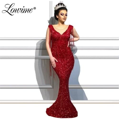 African Glitter Tassel Beading Prom Dresses Red Evening Dress Dubai Couture Shiny Wedding Party Gown Robe De Soiree Abendkleider