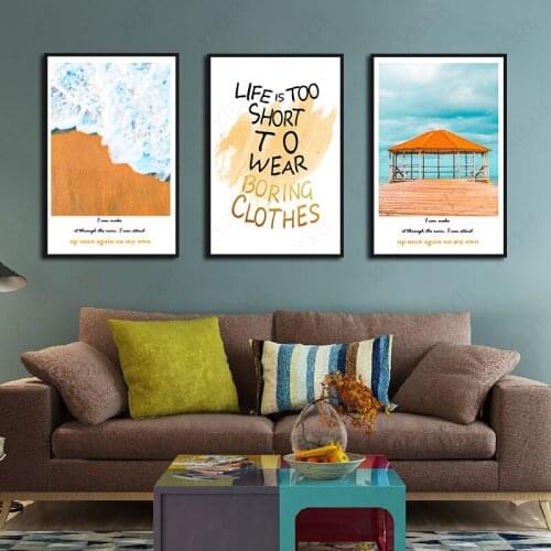 Colorful Watercolor Paintings Golden Beach Blue Sky and Seawater Abstract Wall Art Canvas Posters Prints Living Room Decoration