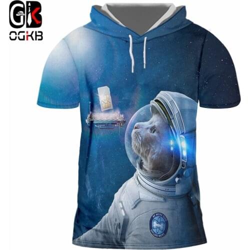 OGKB Dropshipping Mens Cartoon Tshirt With Cap Funny Print Cat Astronaut 3d Hooded T-shirt Male Hiphop Punk Short Sleeve Hoody