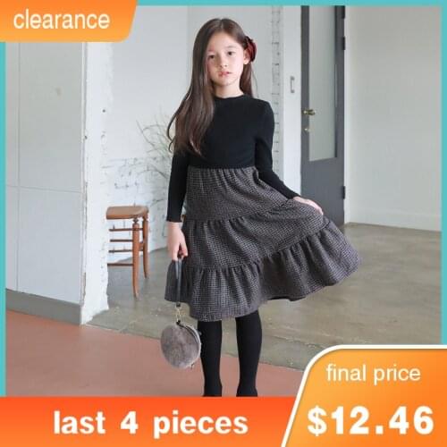 Girls Dress 2021 New Autumn & Winter Kids Plaid Dress Elastic Knit Top Patchwork Baby Princess Dress children Party Wool,#5405