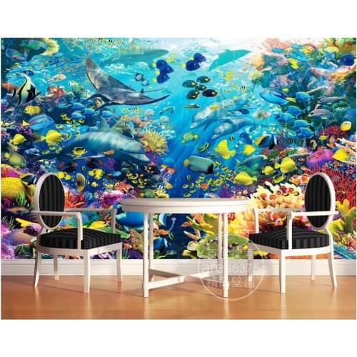 Custom photo wallpaper 3d wall mural wallpaper Three-dimensional underwater dolphin clown fish 3 d mural wall papers decoration