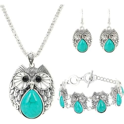 Retro Turquoise Owl Jewelry Sets 925 Silver Pendant Earring Bracelet Necklace Fashion Chain Handmade Amulet Gifts for Her Woman
