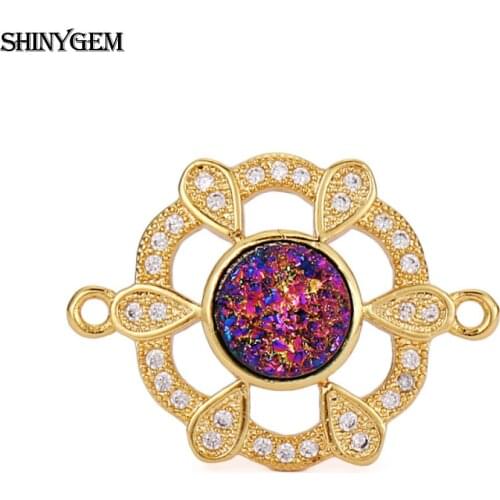 ShinyGem Flowers Micro Inlay Zircon Round Natural Crystal Druzy Connectors Gold Plated Brass For DIY Jewelry Making Bangles