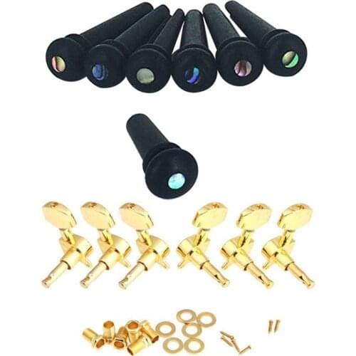 Ebony Guitar Bridge Pins,Ebony End Pin,Endpin (Black) & Gold Guitar String Tuning Pegs Tuners Machine Heads 3L+3R New