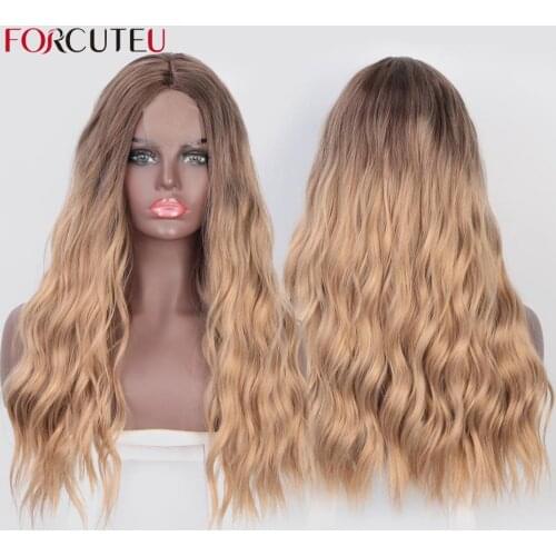 Natural Hair Long Wavy Wig Body Wave Synthetic Wigs for Black Women High Temperature Fiber Black Brown Middle Part