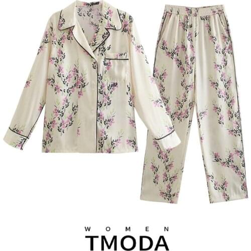 TMODA1559 2021 Summer Za Women Vintage Floral Print Shirts With Pockets Casual Blouse Female Pants Two Piece Set Outfit Suit