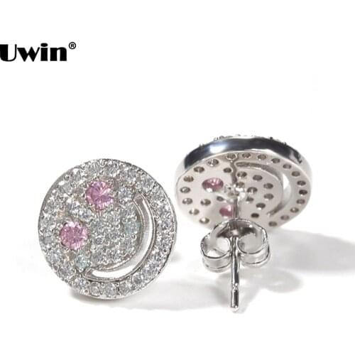 Uwin Hip Hop Earrings Gold/Silver Color with Pink/Blue CZ Stone Round Smily Stud Earring With Screw Back for Drop Shipping