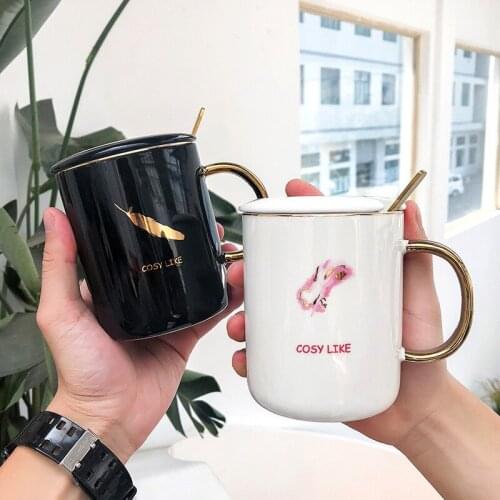 High quality gold feather mug ceramic mug with lid spoon,Breakfast cups Drinkware Morning Mug Milk Coffee Tea mugs