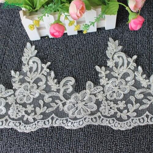 YACKALASI 6 Yards/Lot Bridal Lace Fabric Wedding Lace Appliqued 3D Flower Silver Embroidered Lace Scalloped Mesh Princess 17cm