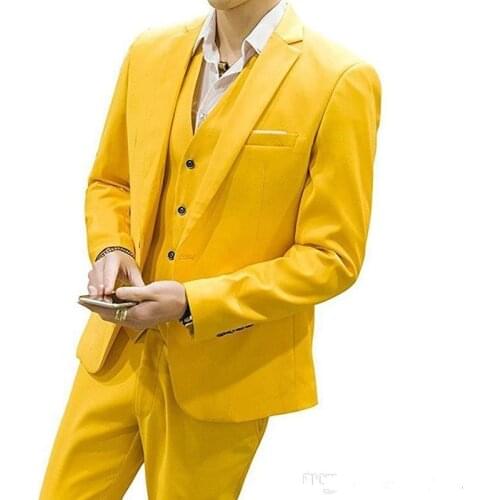 Yellow Suit Groom Tuxedos Notch Lapel Groomsmen Formal Suits Popular Man Blazer 3 Pieces Suit (Jacket+Pants+Vest) Q16
