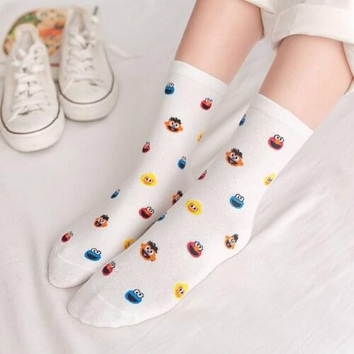 Women Socks Cartoon Sesame Street Cookie Monster Socks Funny Cute Sock Harajuku White Black Cotton Socks For Girls Woman Sock