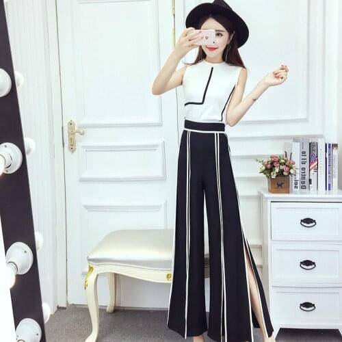 Set female 2019 summer new fashion Slim shirt high waist was thin slit wide leg pants temperament wild womens two-piece suit